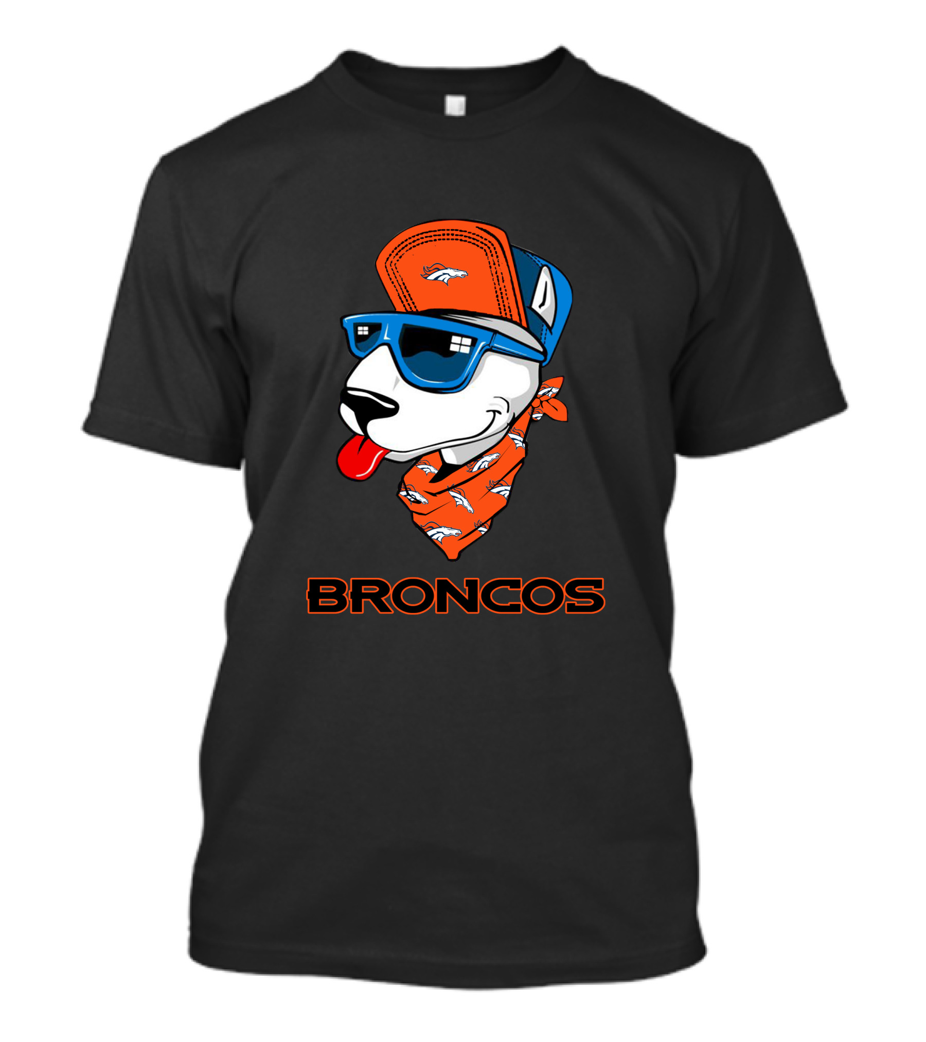 Broncos Bull Terrier With Hat Sunglasses And Bandana T-Shirt