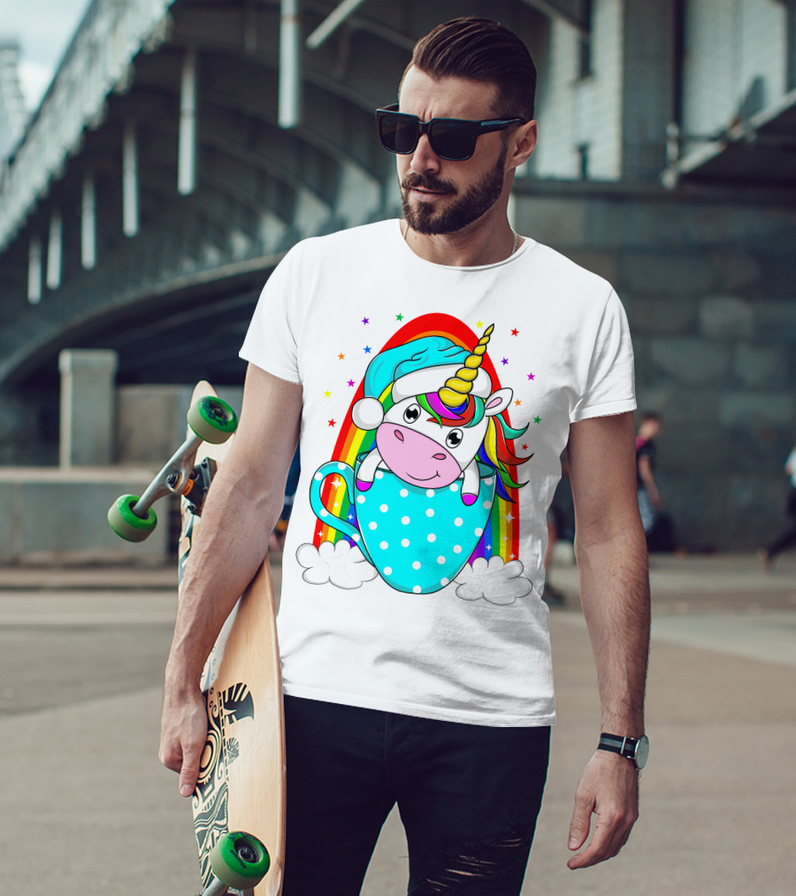 Christmas Unicorn In Cup Rainbow Santa Hat Stars T-Shirt