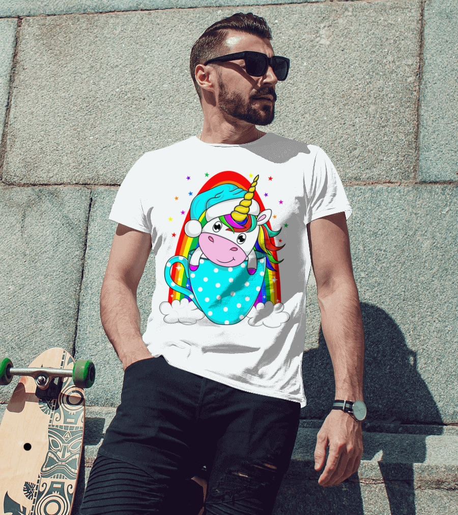Christmas Unicorn In Cup Rainbow Santa Hat Stars T-Shirt