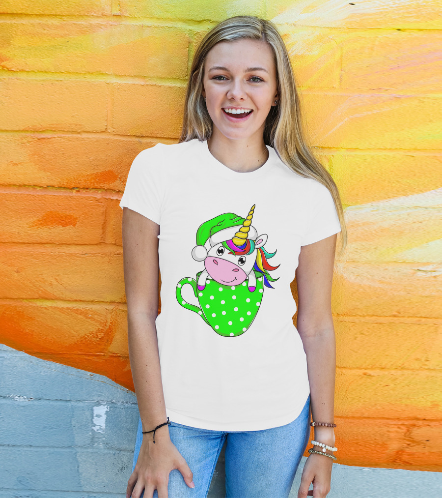 Funny Christmas Unicorn In Santa Hat With Green Polka Dot Cup T-Shirt