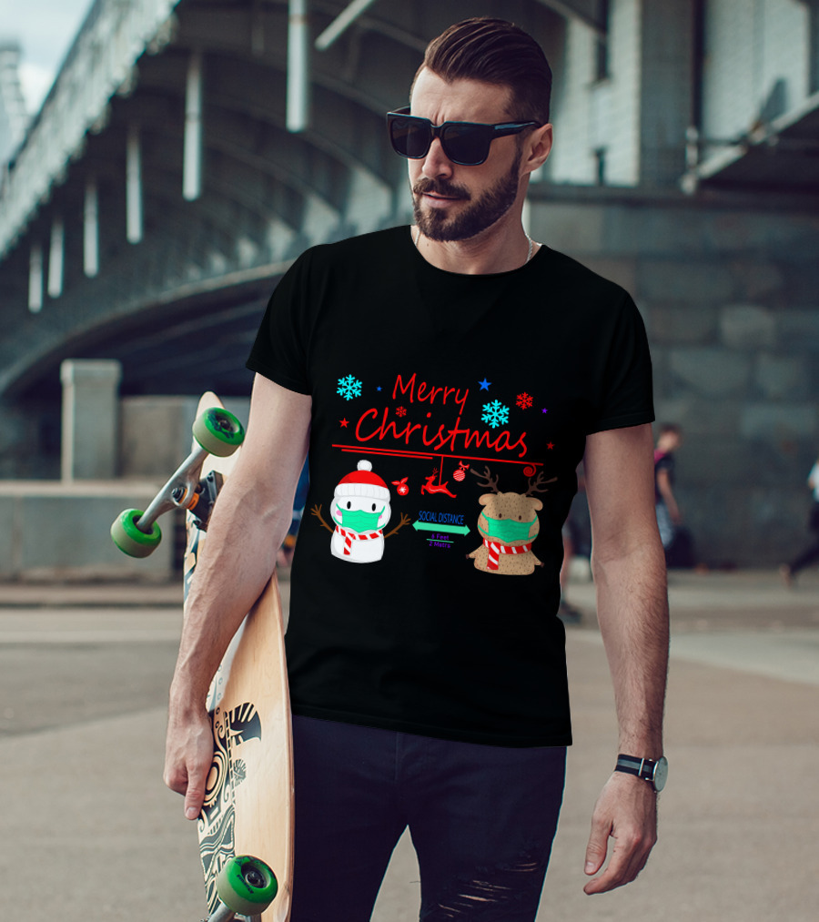 Merry Christmas Social Distance Snowman And Reindeer With Masks T-Shirt