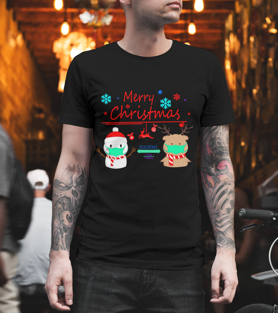 Merry Christmas Social Distance Snowman and Reindeer with Masks T-Shirt