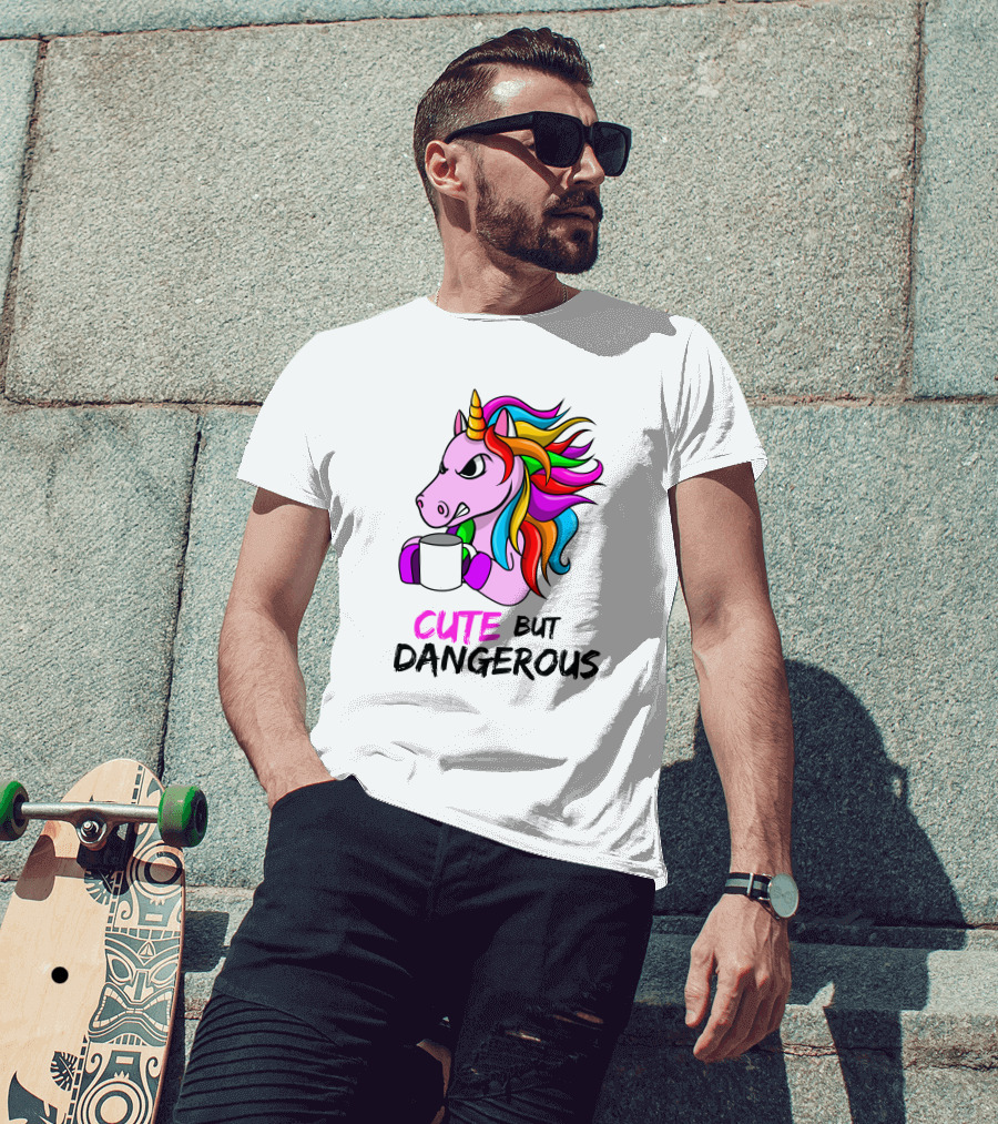 Cute But Dangerous Pink Unicorn With Rainbow Mane And Coffee Mug T-Shirt