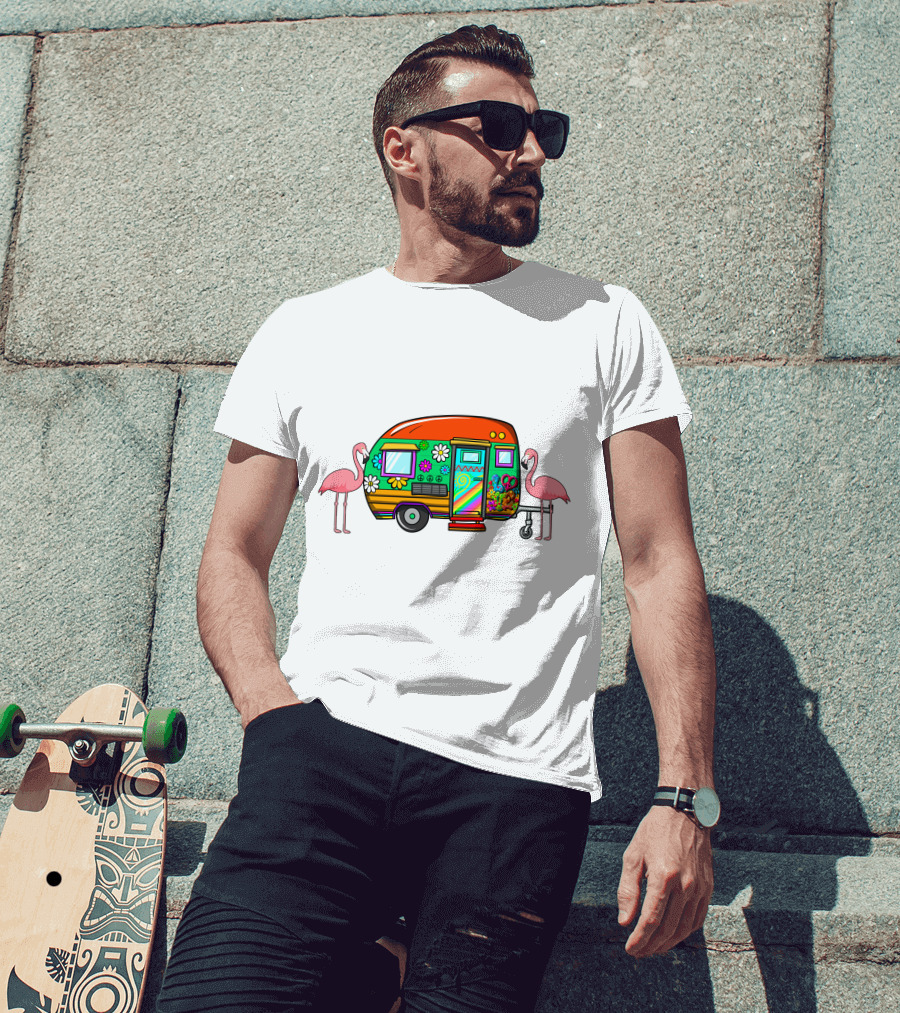 Flamingo Camping Retro Floral Caravan T-Shirt