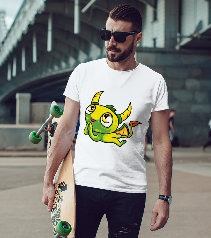 Cute Dragon Wishing Adorable Green And Yellow Horned Fantasy Character T-Shirt