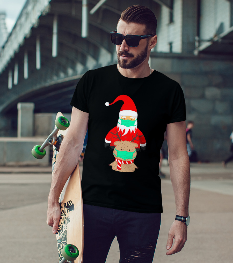 Santa Claus And Reindeer Wearing Masks T-Shirt