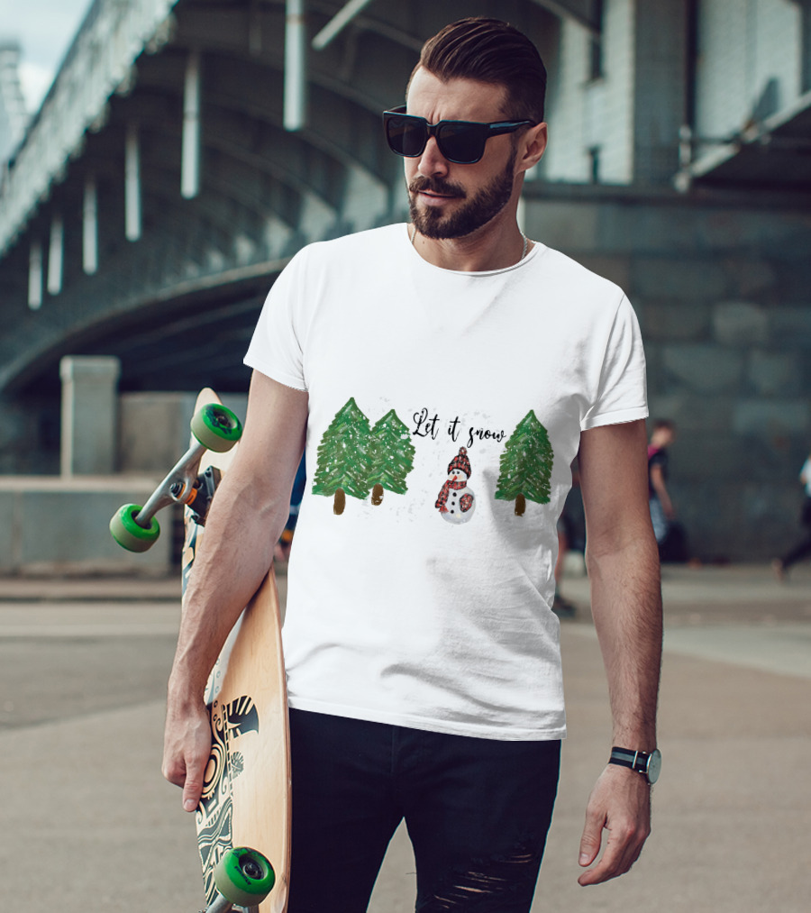 Let It Snow Watercolor Snowman And Pine Trees T-Shirt