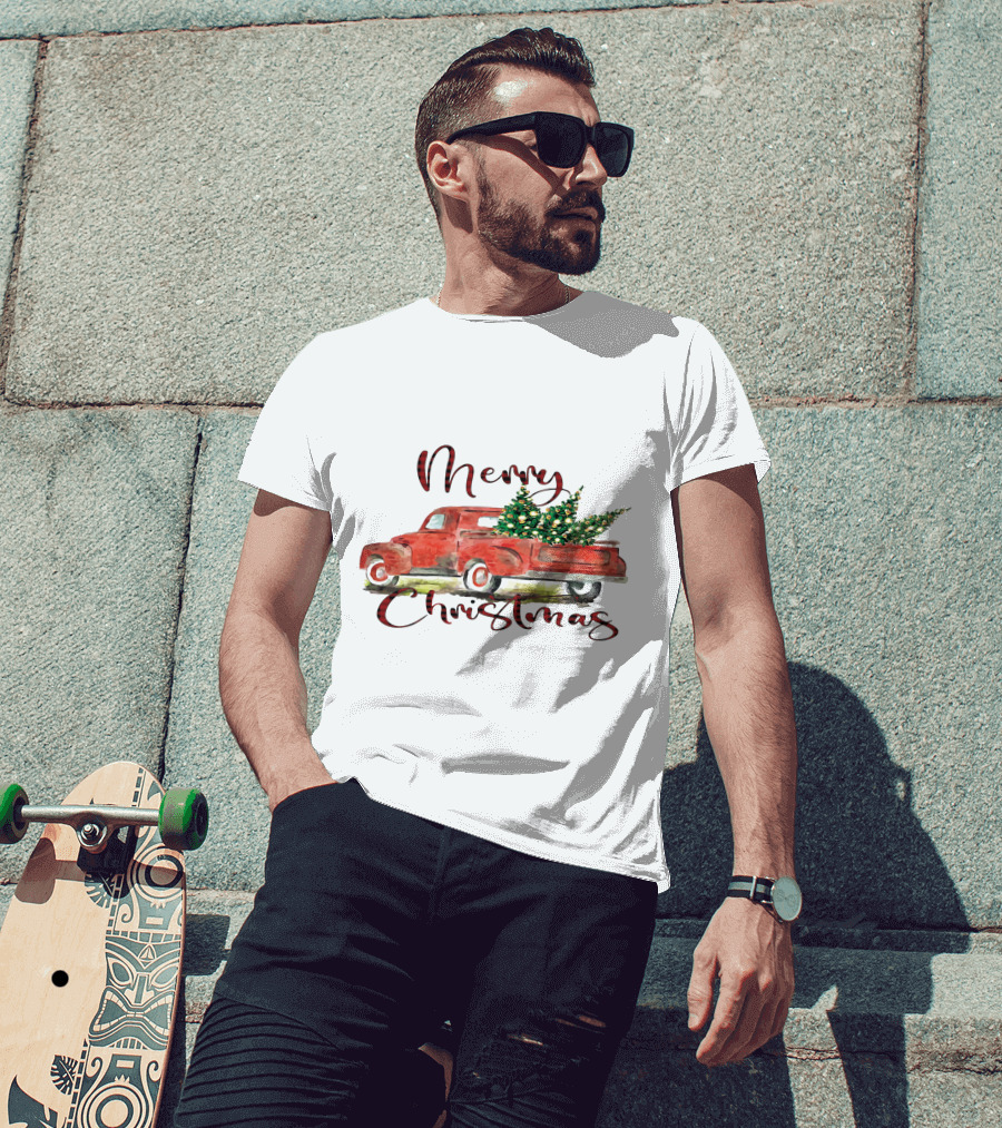 Merry Christmas Red Truck With Festive Tree T-Shirt