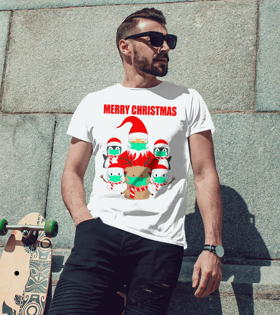 Merry Christmas Santa Deer Penguin Social Distance T-Shirt