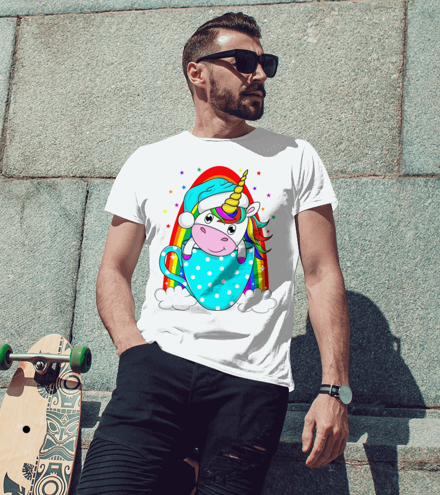 Unicorn In Polka Dot Blue Cup With Rainbow And Stars T-Shirt