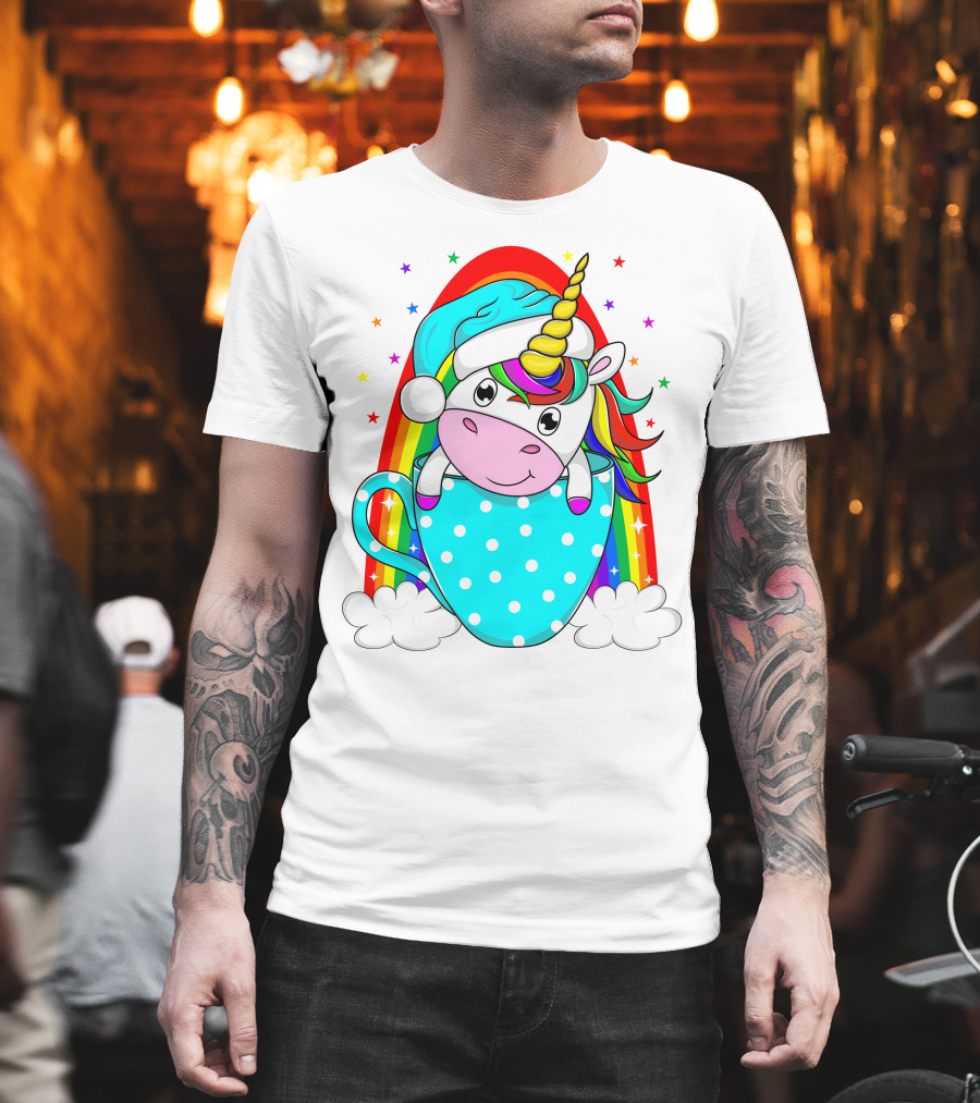 Unicorn In Polka Dot Blue Cup With Rainbow And Stars T-Shirt