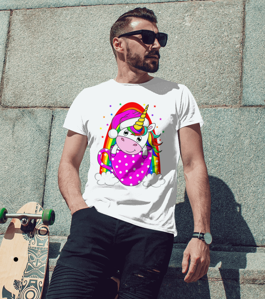 Unicorn Rainbow Santa In Pink Polka Dot Cup T-Shirt