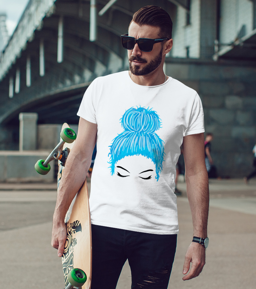 Messy Bun Blue Hair Momlife Trendy Hairstyle Sketch T-Shirt