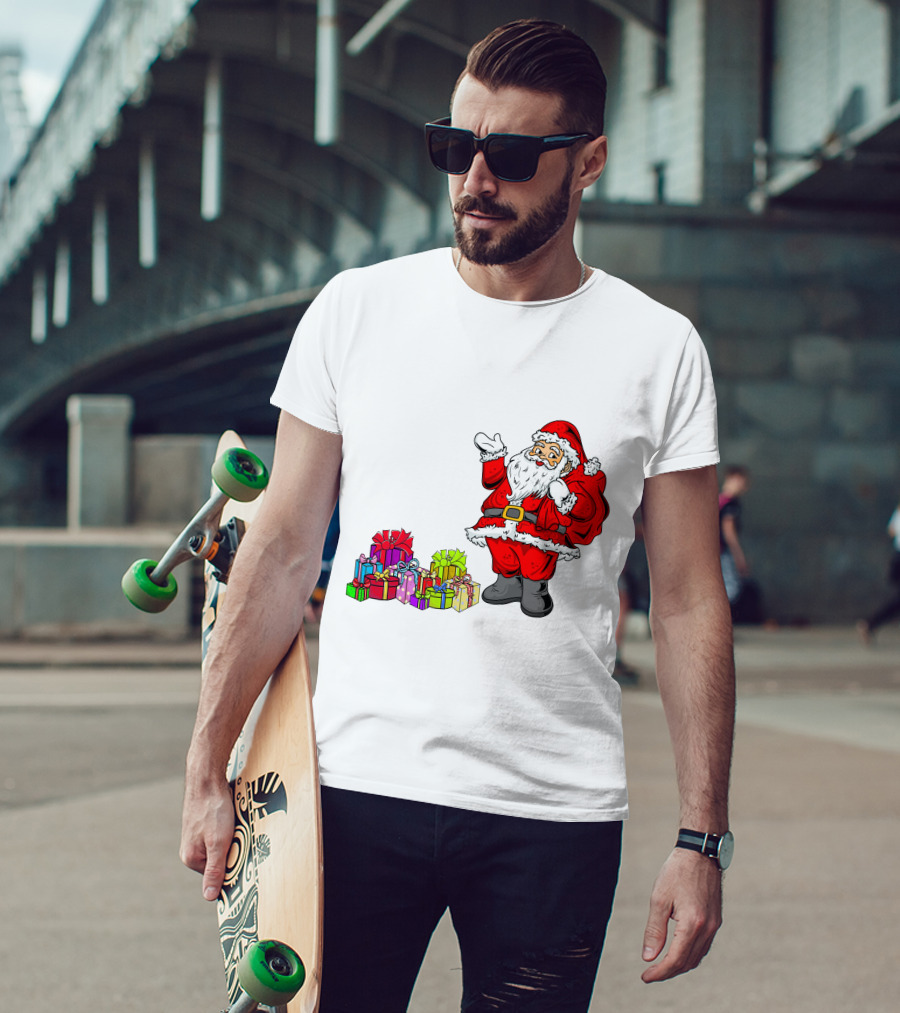 Santa Claus Joyfully Delivering Colorful Presents T-Shirt