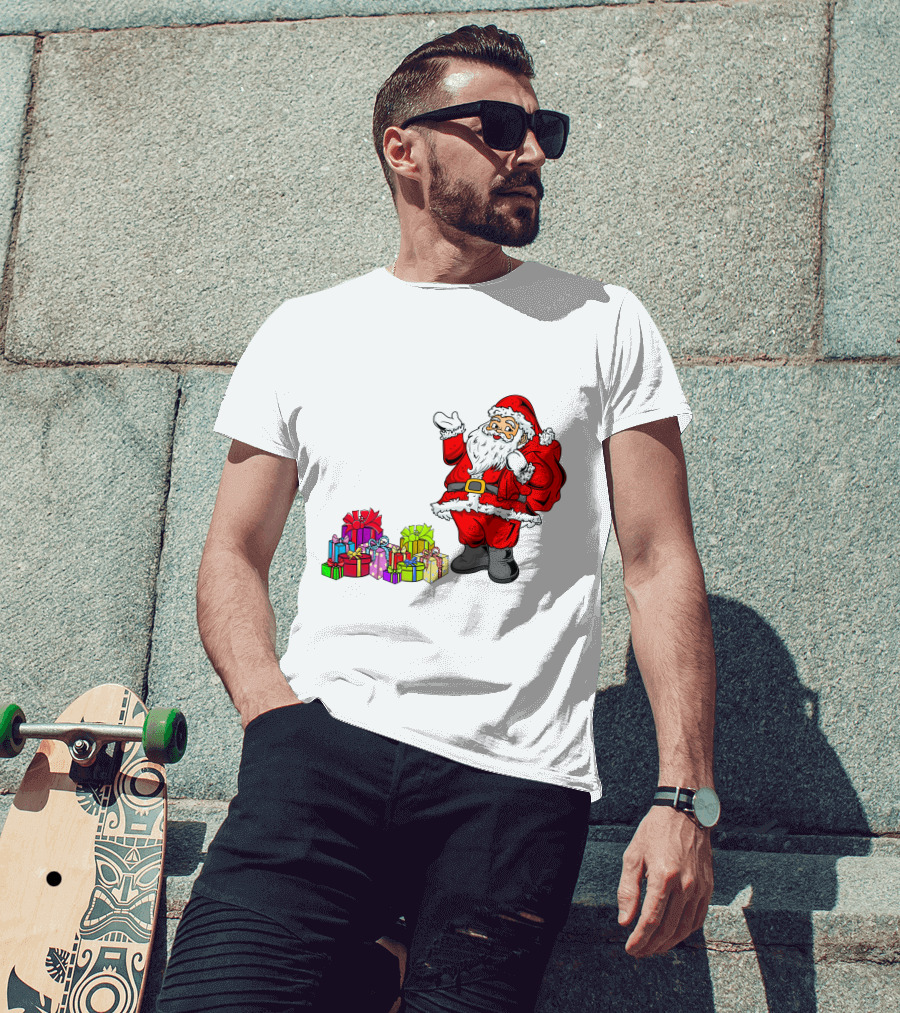 Santa Claus Joyfully Delivering Colorful Presents T-Shirt