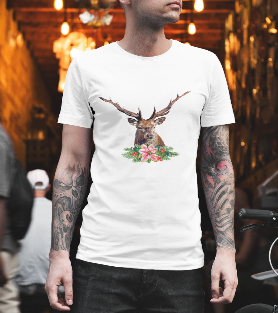 Watercolor Christmas Reindeer with Poinsettia and Pine Branches T-Shirt