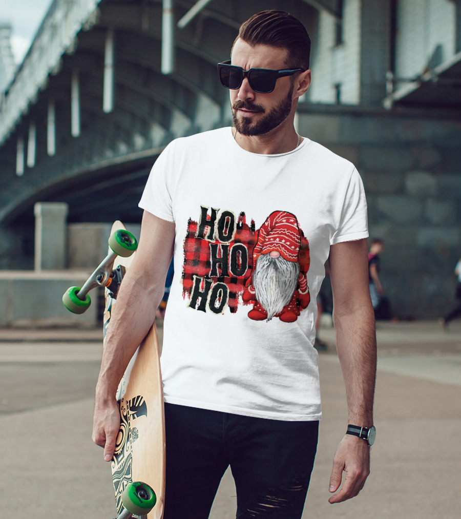 Watercolor Plaid Christmas Gnome Ho Ho Ho Red Holiday T-Shirt