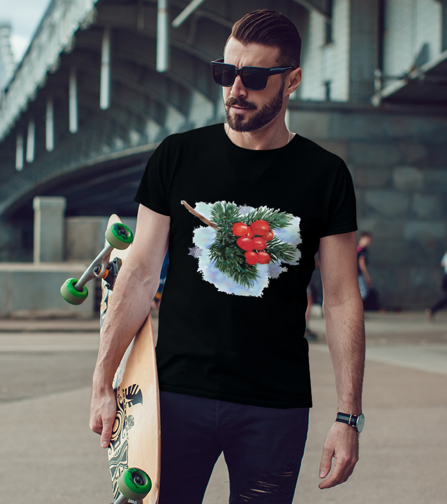 Watercolor Holiday Christmas Holly Berries Branch Pine Needles T-Shirt