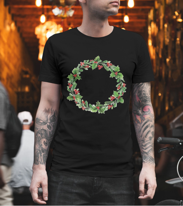Watercolor Christmas Wreath Hollies and Berries Xmas T-Shirt Watercolor Christmas Wreath Hollies and Berries Xmas T-Shirt