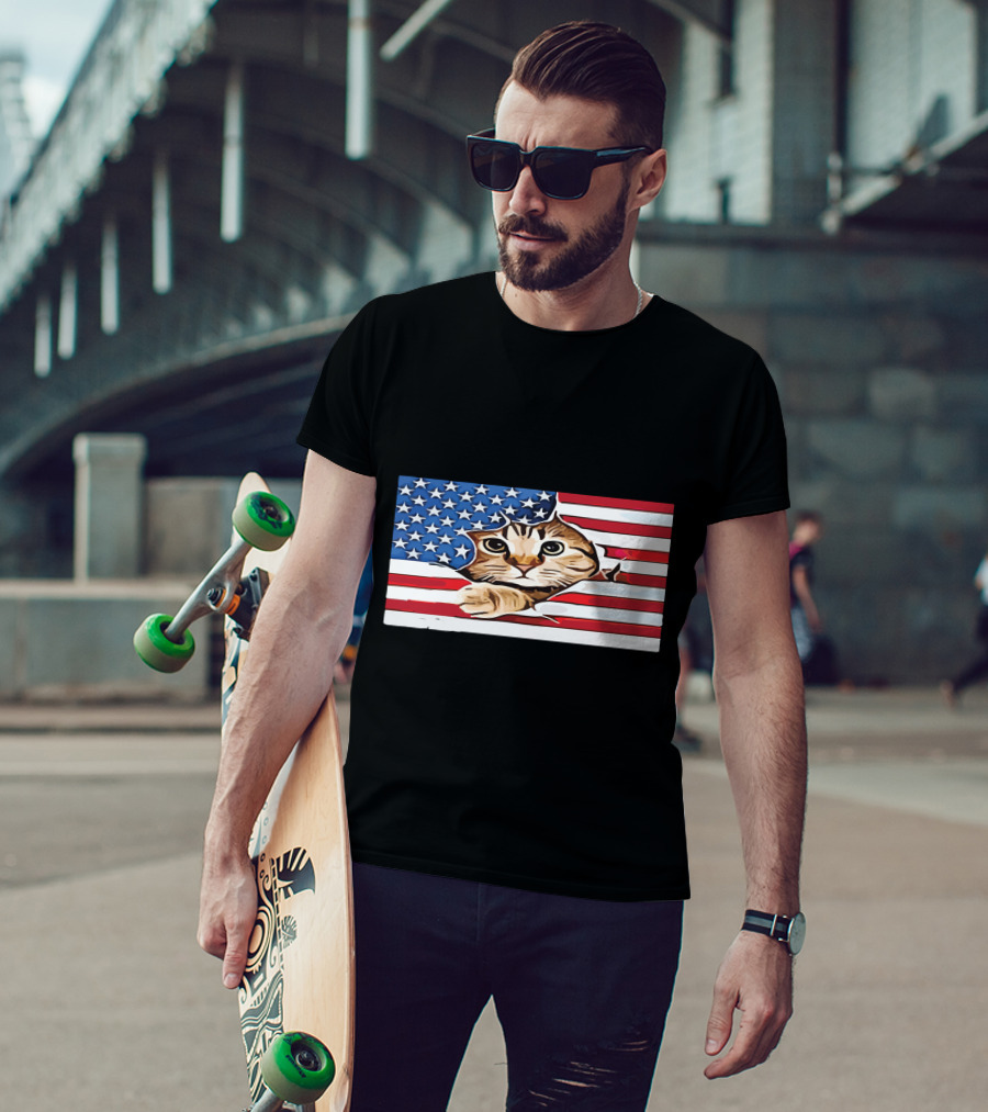 Cat Peeking Through American Flag T-Shirt