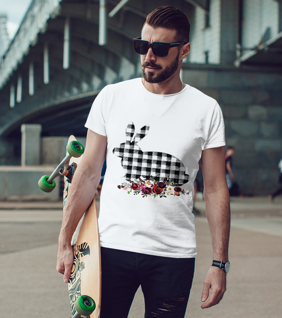 Bunny Black White Plaid Floral Roses T-Shirt