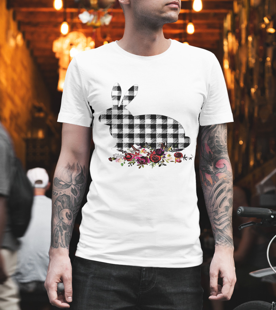Bunny Black White Plaid Floral Roses T-Shirt