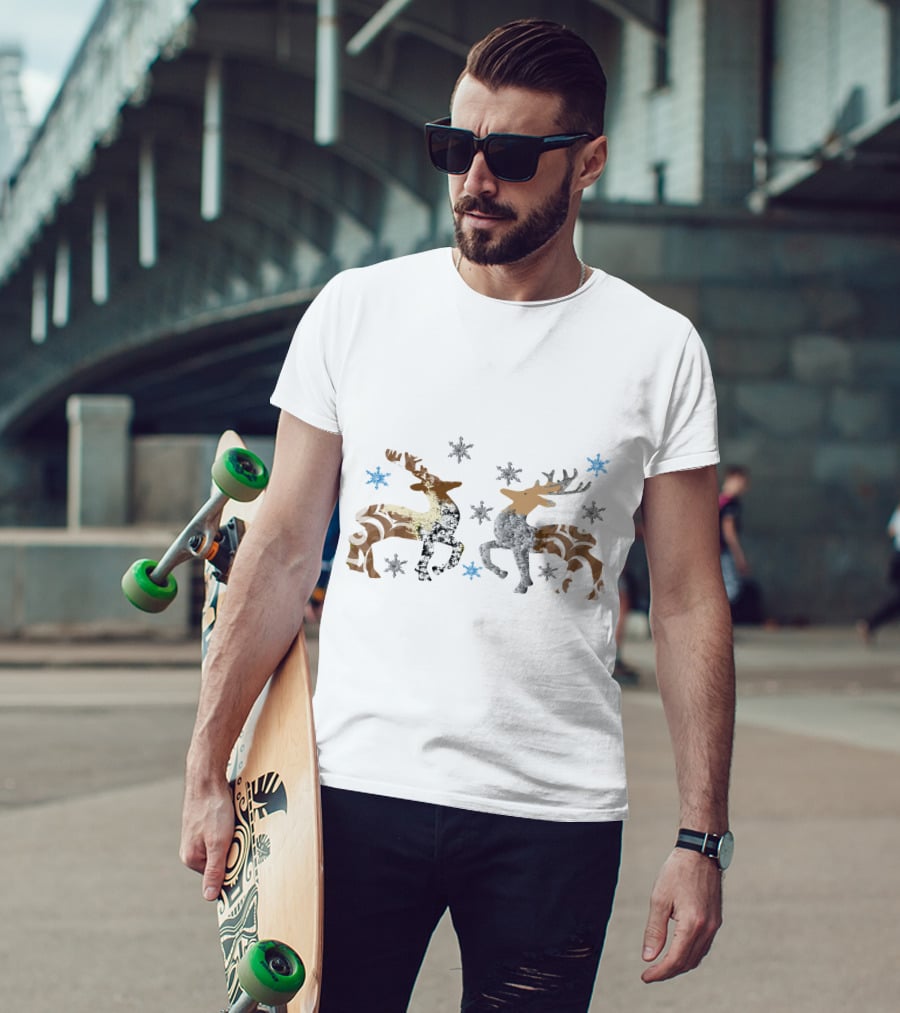 Christmas Reindeer Stone Snowflakes Brown And Silver T-Shirt