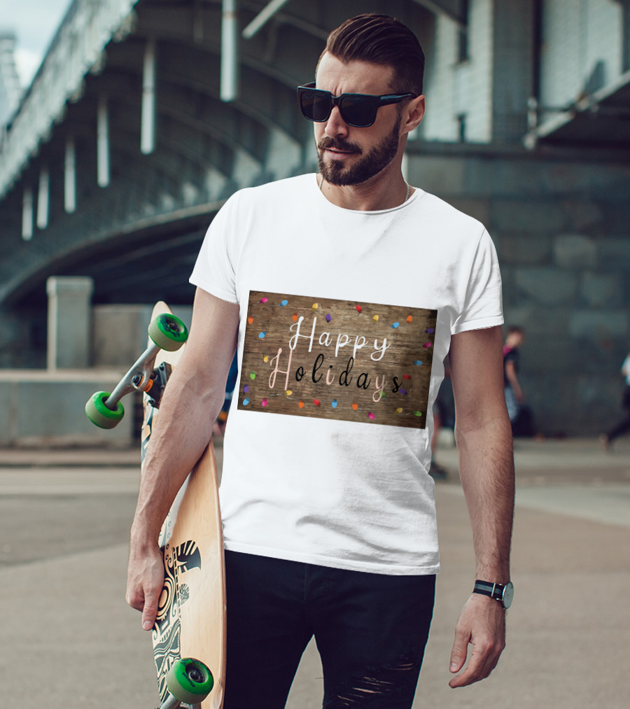 Happy Holidays Christmas Light Rustic Wood Background With Colorful Bulbs T-Shirt