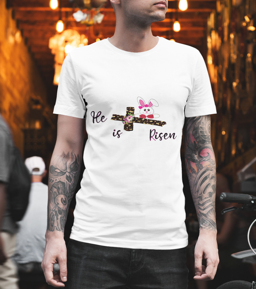 He Is Risen Leopard Print Cross Easter Bunny T-Shirt
