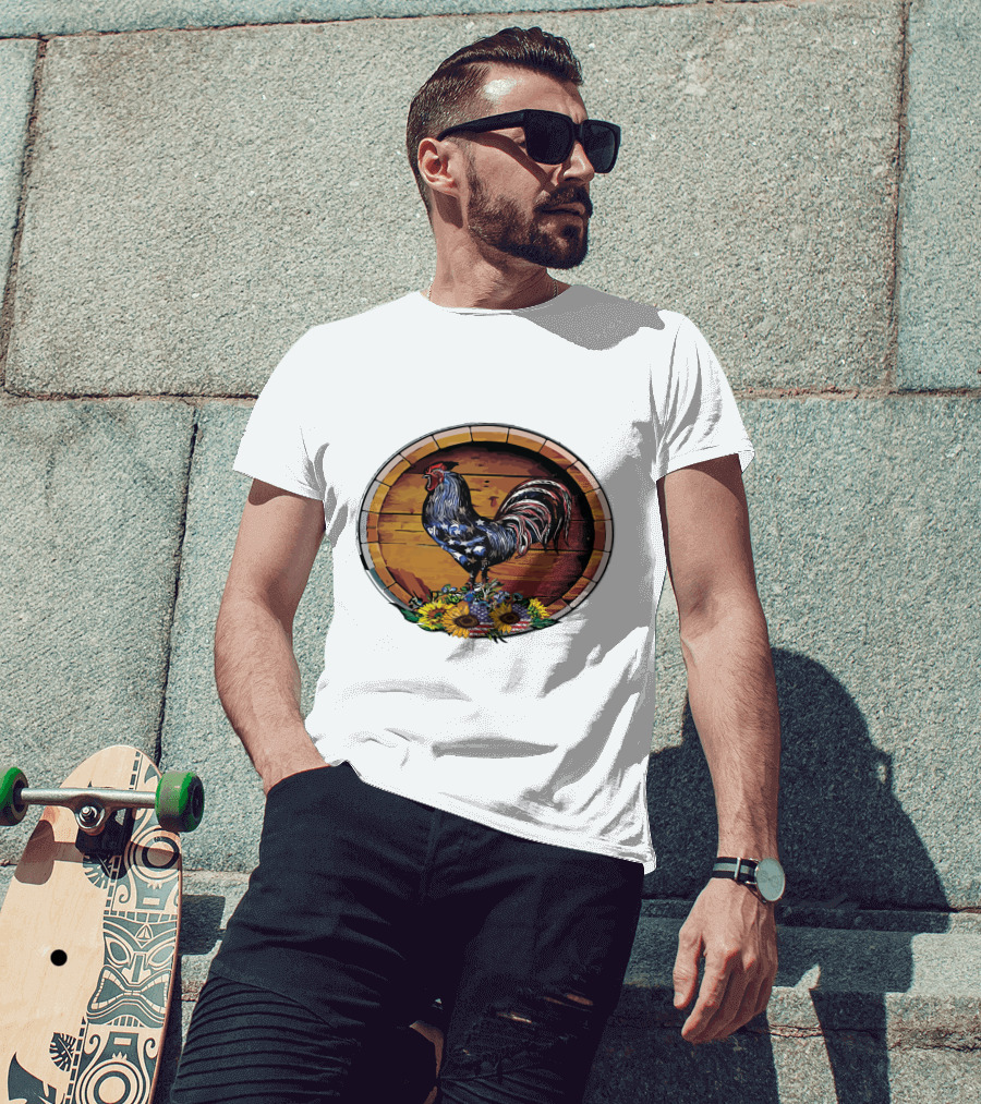 USA Rooster On Wine Barrel With Sunflowers T-Shirt