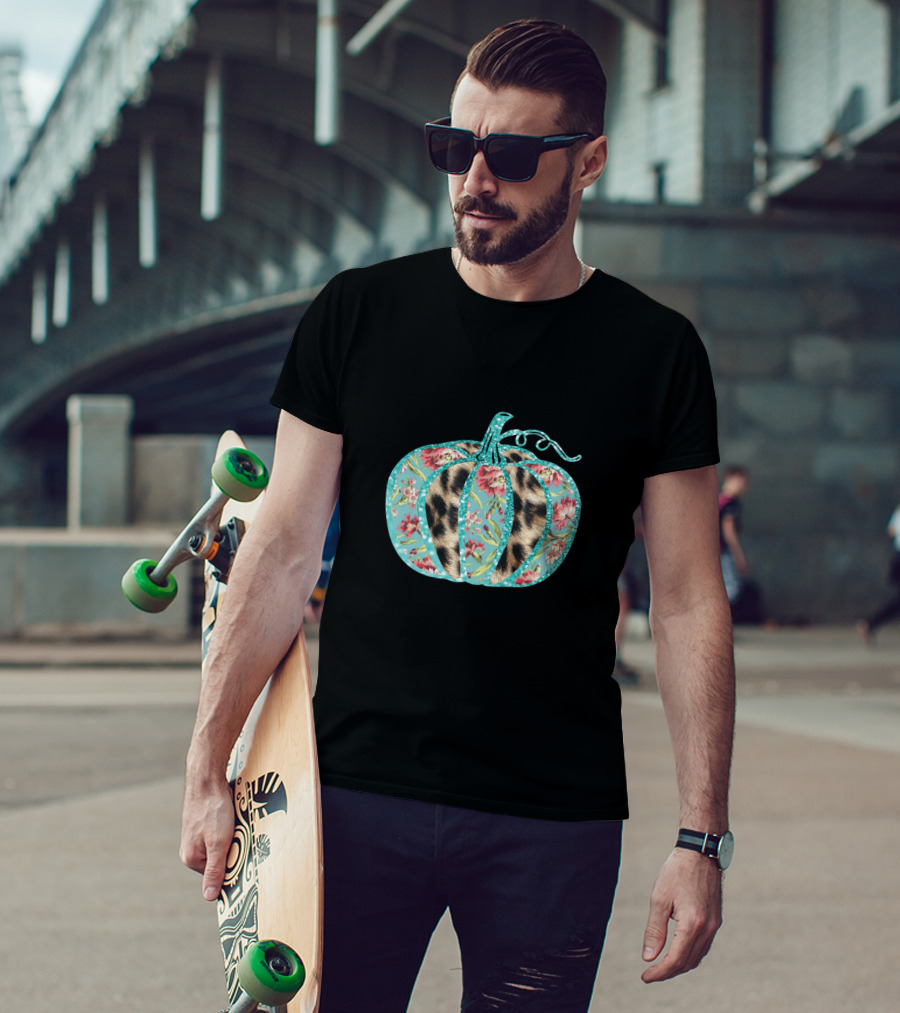 Turquoise Floral Leopard Pumpkin Thanksgiving T-Shirt