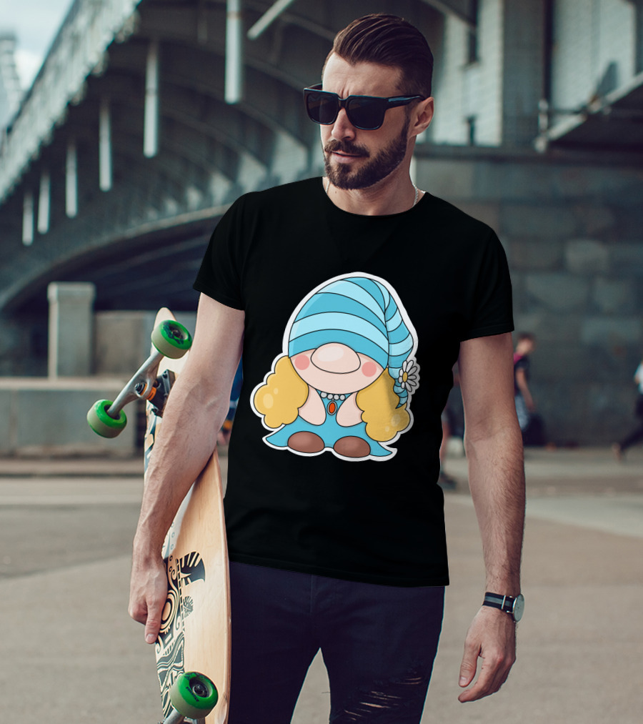 Gnome Sticker Blue Hat Daisy Blonde Hair Cute Comic T-Shirt