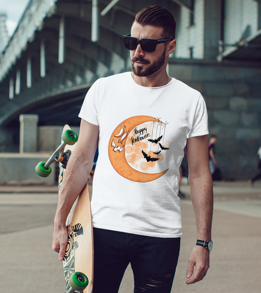 Happy Halloween Moon With Bats And Jack-O'-Lantern Face T-Shirt