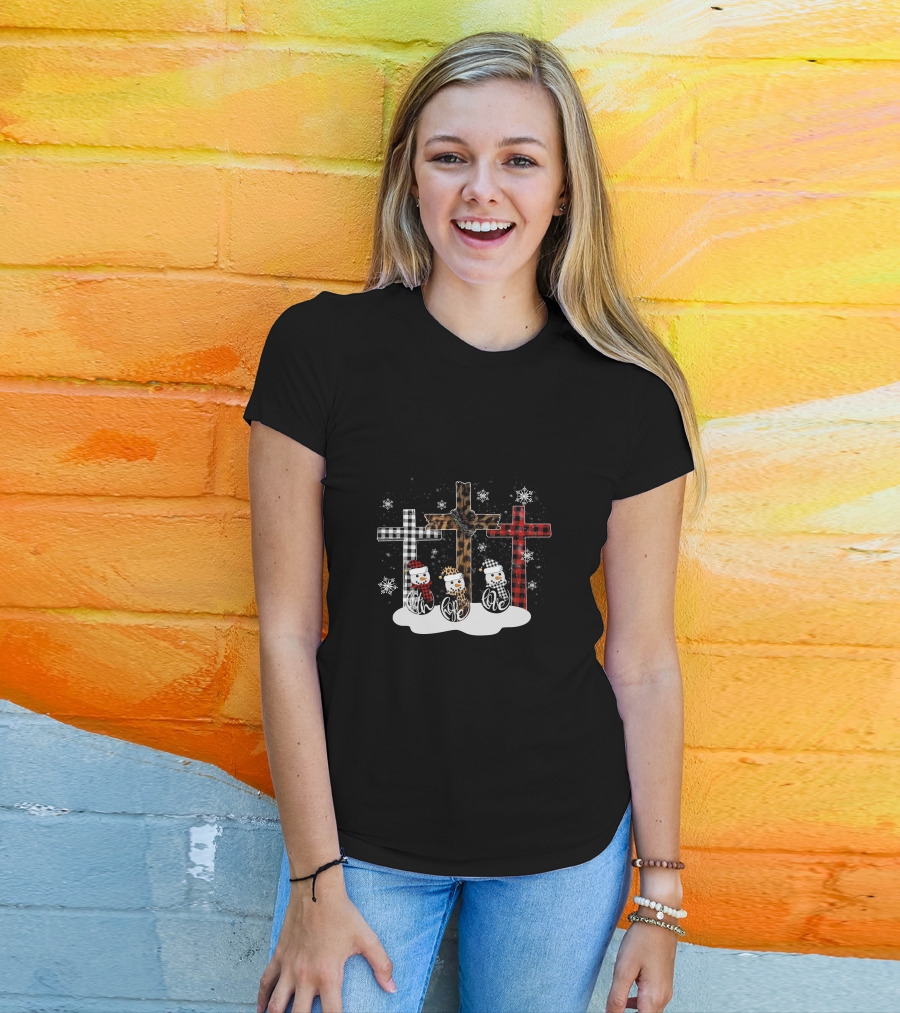 Leopard Plaid Snowman Faith Love Winter Crosses T-Shirt