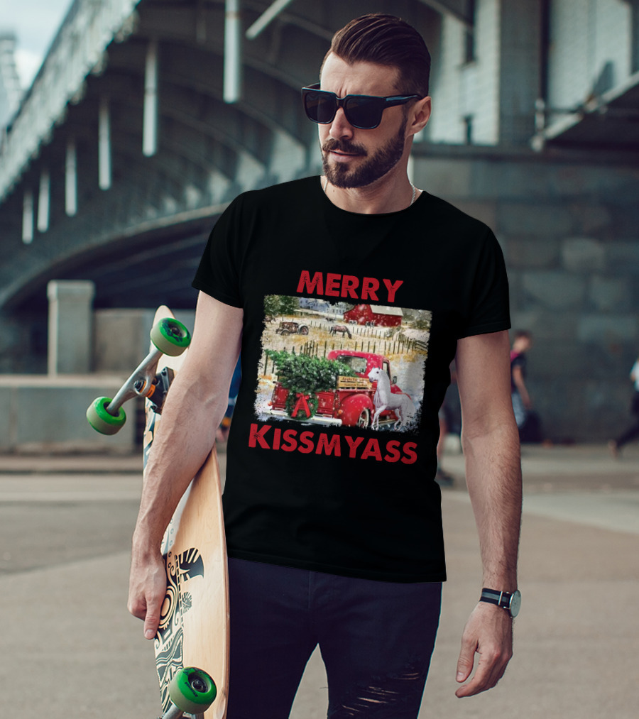 Merry Kissmyass Vintage Truck Christmas Scene With Horse In Snowy Farm Landscape T-Shirt