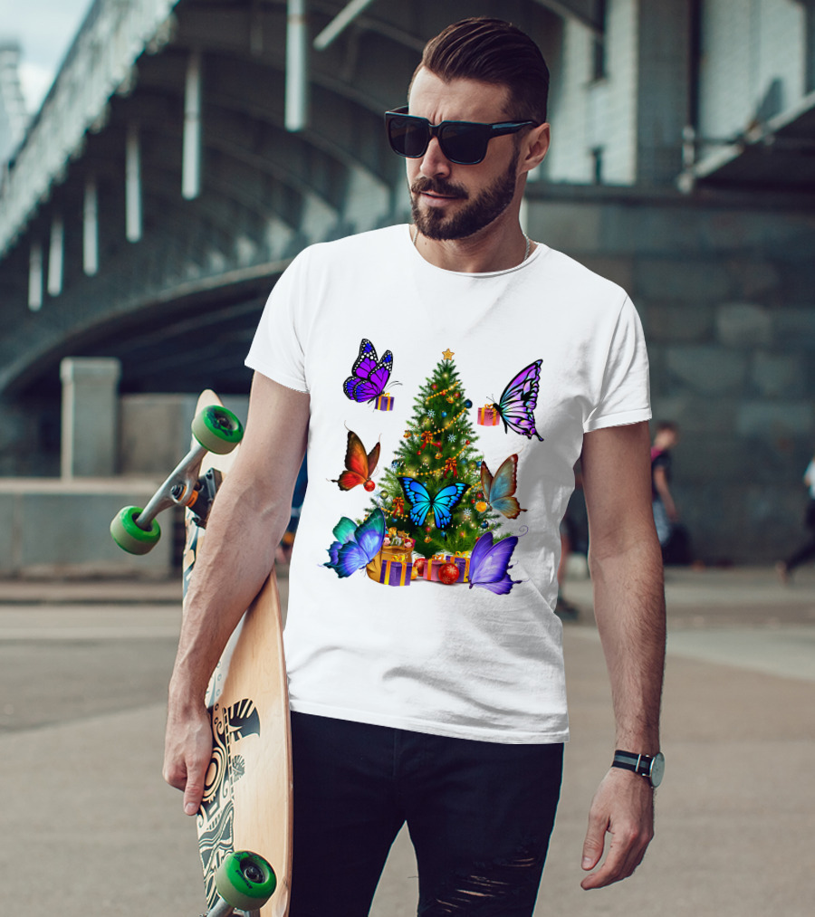 Butterfly Christmas Tree With Colorful Presents And Butterflies T-Shirt