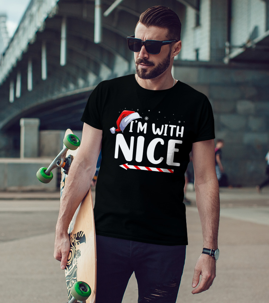 I'm With Nice Christmas Santa Hat Candy Cane Arrow T-Shirt