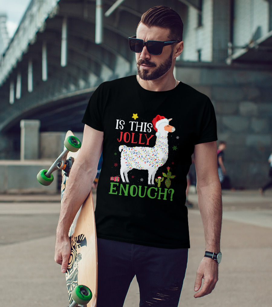 Is This Jolly Enough Christmas Lights Llama Santa Hat T-Shirt