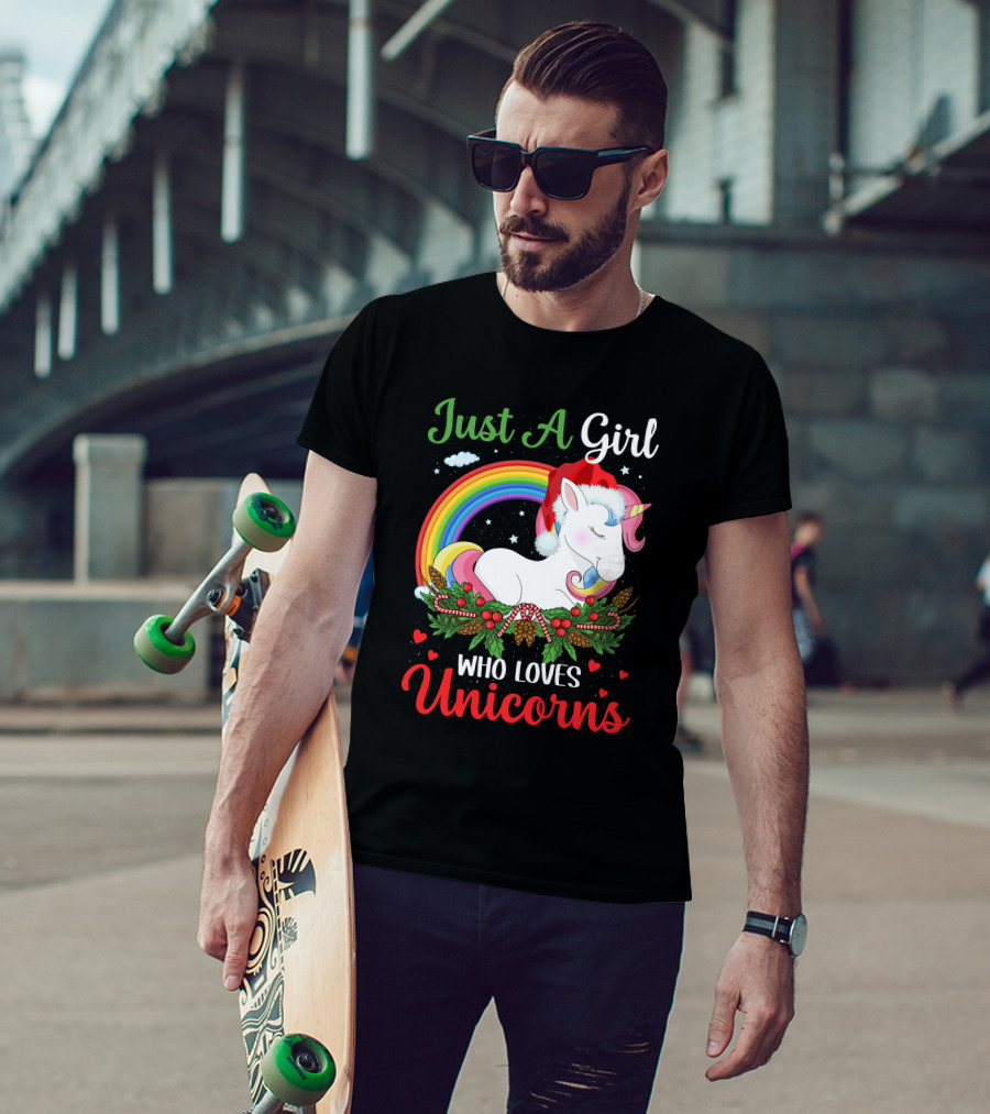 Just A Girl Who Loves Unicorns Rainbow Christmas Santa Hat T-Shirt