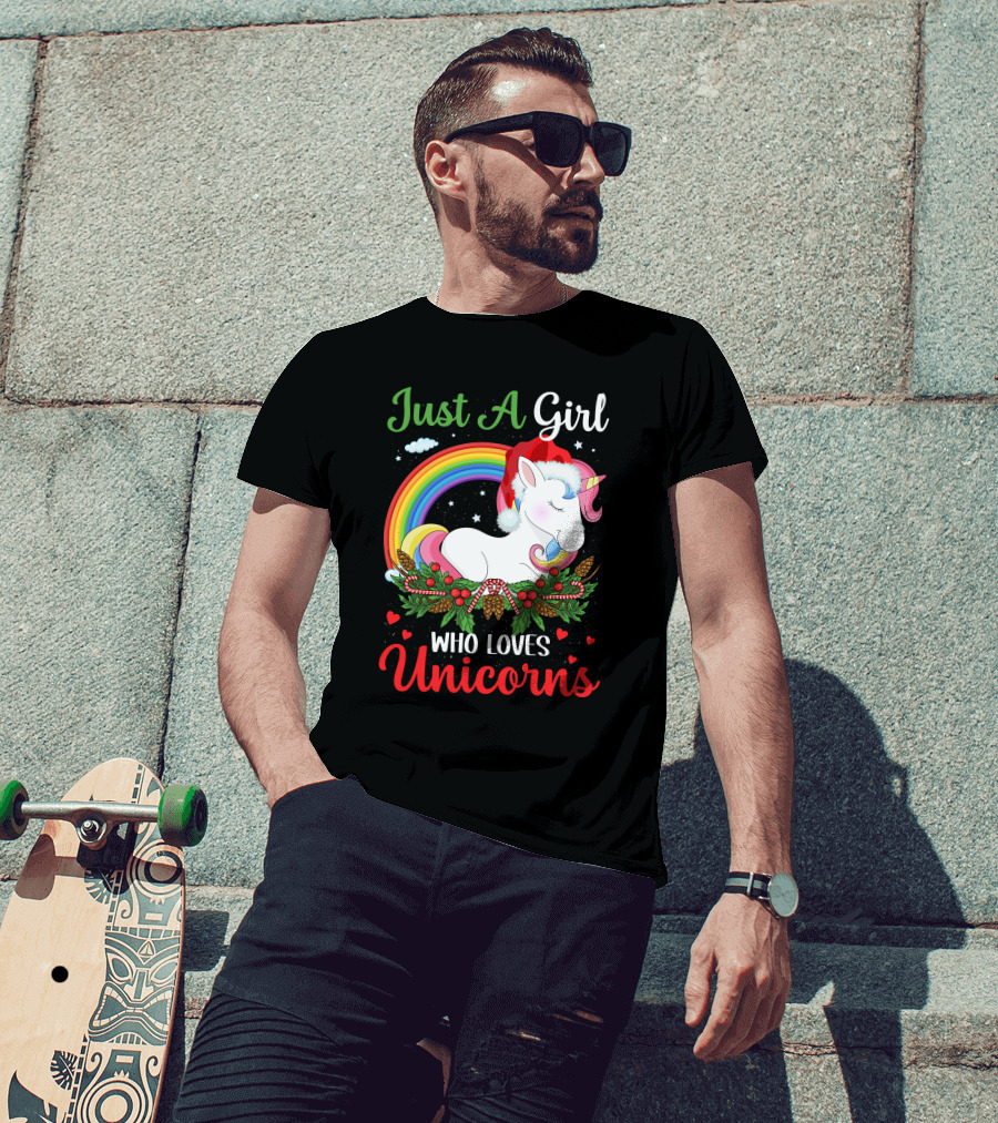 Just A Girl Who Loves Unicorns Rainbow Christmas Santa Hat T-Shirt