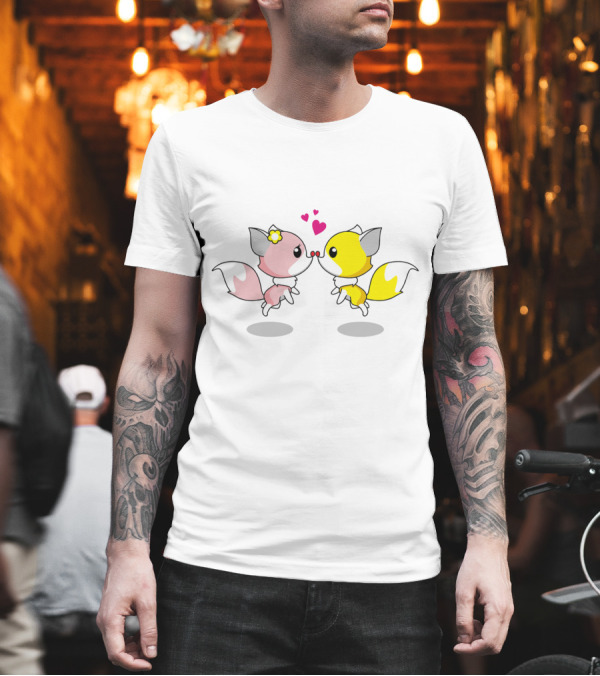 Cute Foxes In Love Kissing Hearts Blossom Yellow Pink Foxes T-Shirt Cute Foxes In Love Kissing Hearts Blossom Yellow Pink Foxes T-Shirt