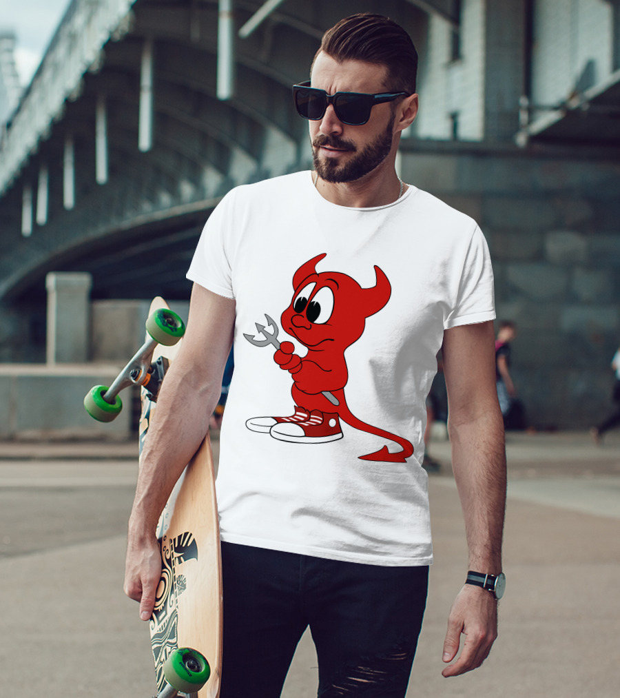 Devil In Sneakers Holding Pitch Fork Cartoon T-Shirt