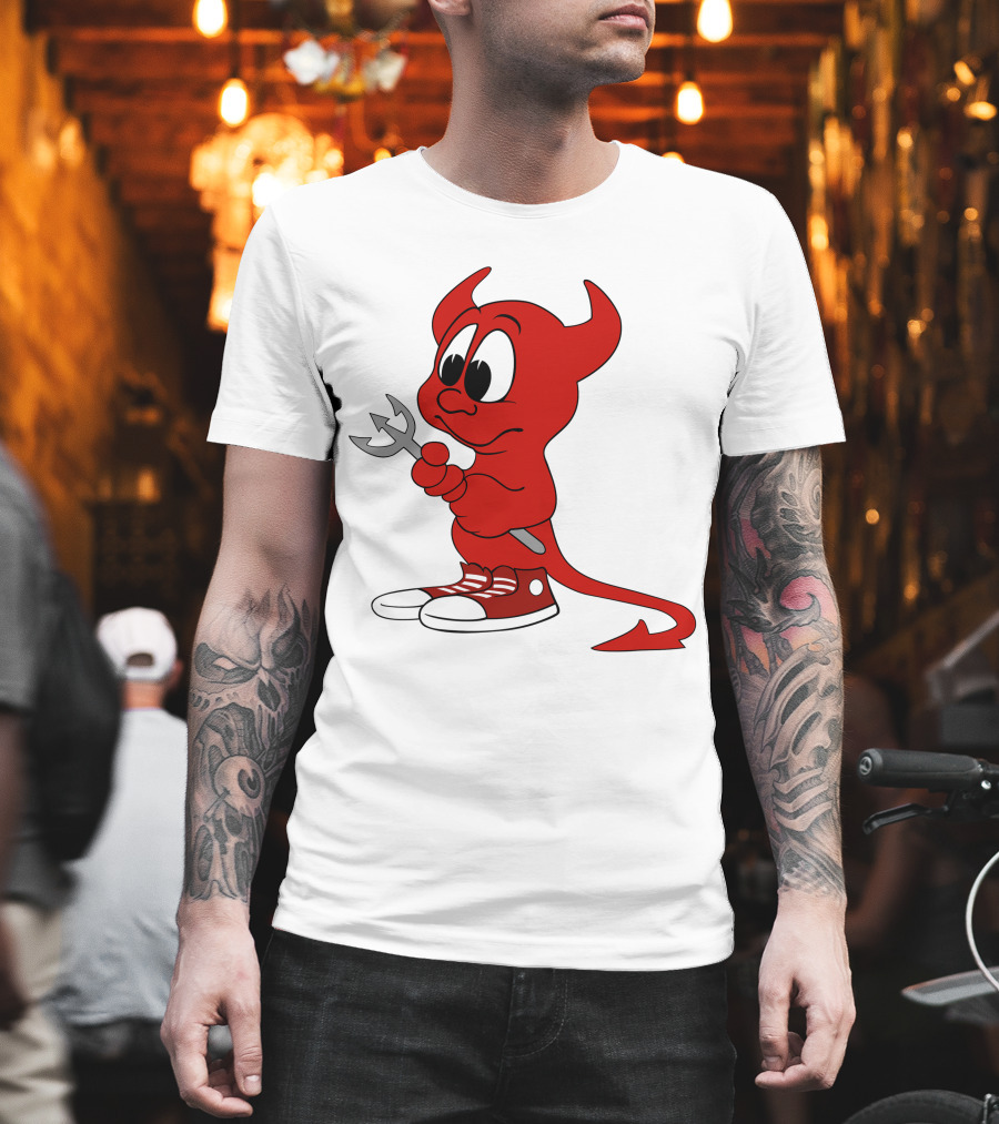 Devil In Sneakers Holding Pitch Fork Cartoon T-Shirt