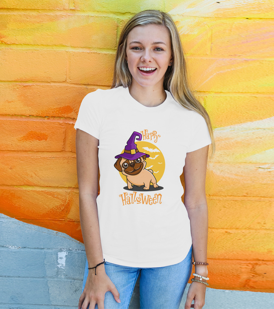 Happy Halloween Dog Witch Hat Full Moon Bats T-Shirt