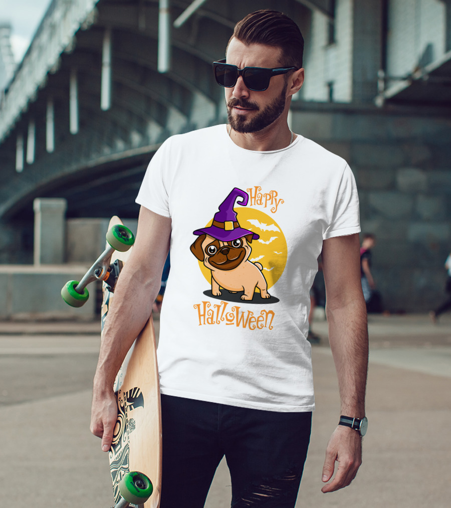 Happy Halloween Dog Witch Hat Full Moon Bats T-Shirt