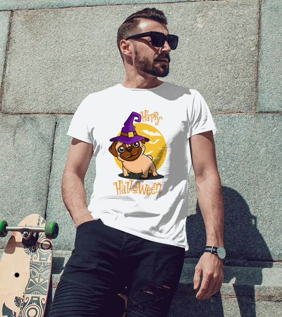 Happy Halloween Dog Witch Hat Full Moon Bats T-Shirt