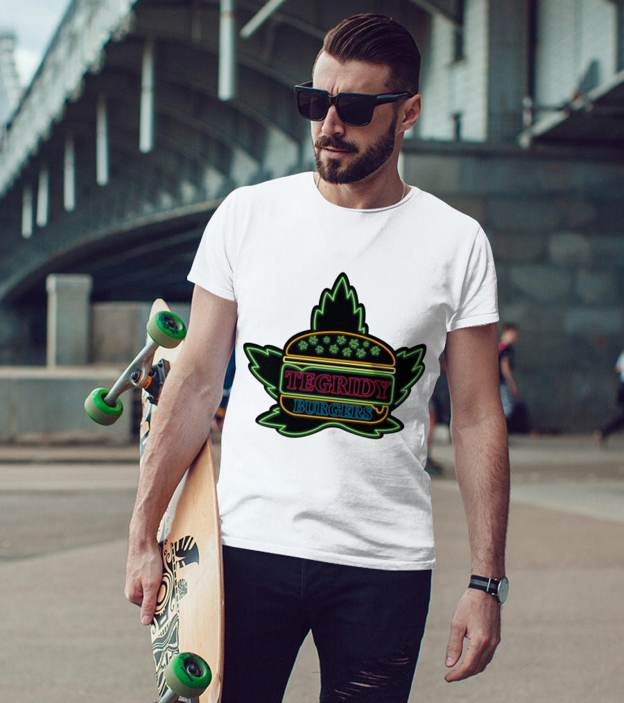 Tegridy Burgers Neon Sign With Leaf And Burger Outline T-Shirt