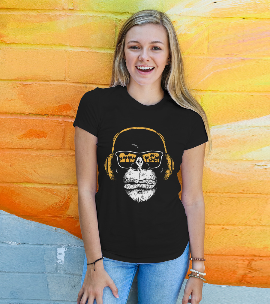 Monkey With DJ Headphones Sunglasses Palm Trees T-Shirt