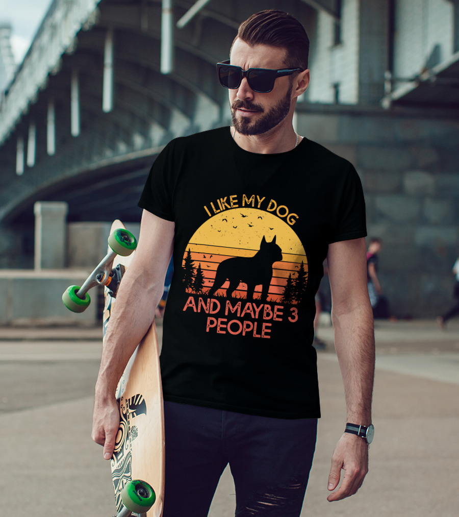 I Like My Dog And Maybe 3 People Sunset Silhouette With Trees And Birds T-Shirt