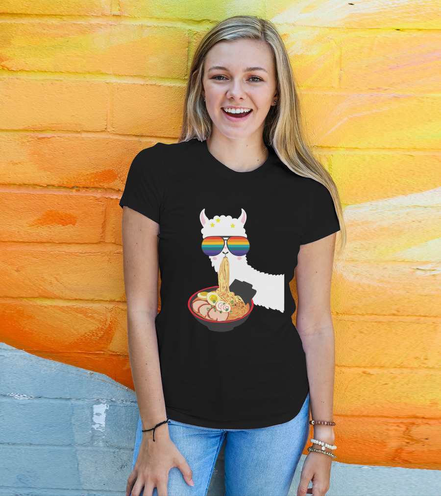 Rainbow Sunglasses LLama Eating Ramen Japanese Anime T-Shirt